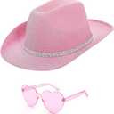 DAJOOEE Cowgirl Hat with Heart Sunglasses Glitter Cowboy Hat for Women Cosplay Bachelor Party Costume Hats (Small, Pink)