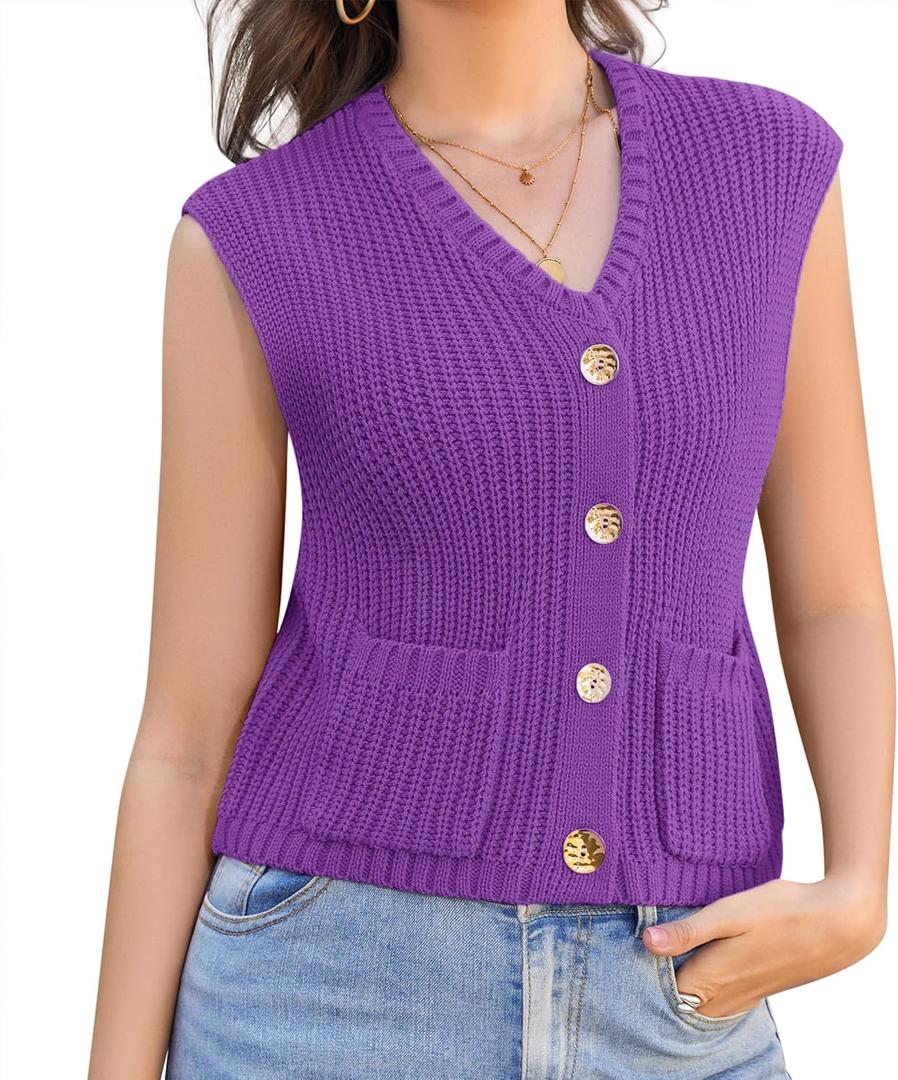 Womens Summer Crop Knit Sweater Vest Sleeveless Button Down Chunky Knit Vest Cardigan with Pockets (Purple, S)