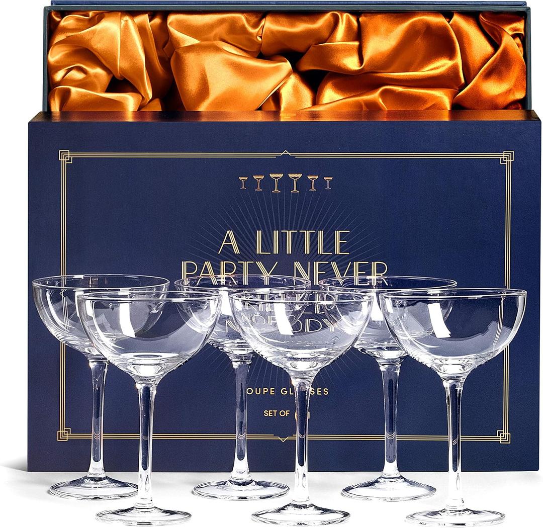 Vintage Crystal Champagne Coupe Glasses | Set of 6 | 4-5 oz Classic Cocktail Glassware - Martini, Manhattan, Cosmopolitan, Sidecar, Daiquiri | 1920s Speakeasy Retro Style Saucers | Storage Box