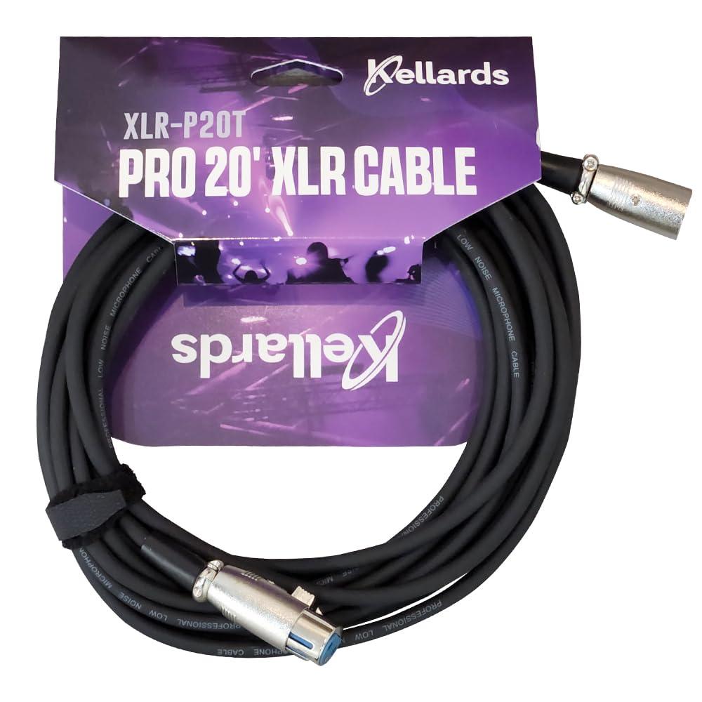 Kellards XLR-P20T Pro 20 ft XLR Microphone Cable, XLR Male to Female Cable 3-Pin Balanced Shielded Cable for Microphones, Mixers, Recording Studios, and Podcasts - Black