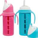 Set of 2 - Glass Sippy Cup for Toddlers - The Luca | Spill-Proof | Silicone Straw | Cherry Blossom Pink & Bright Blue | 8 oz | Liquids Never Touch Plastic | Removable Handles (Pink/Purple)