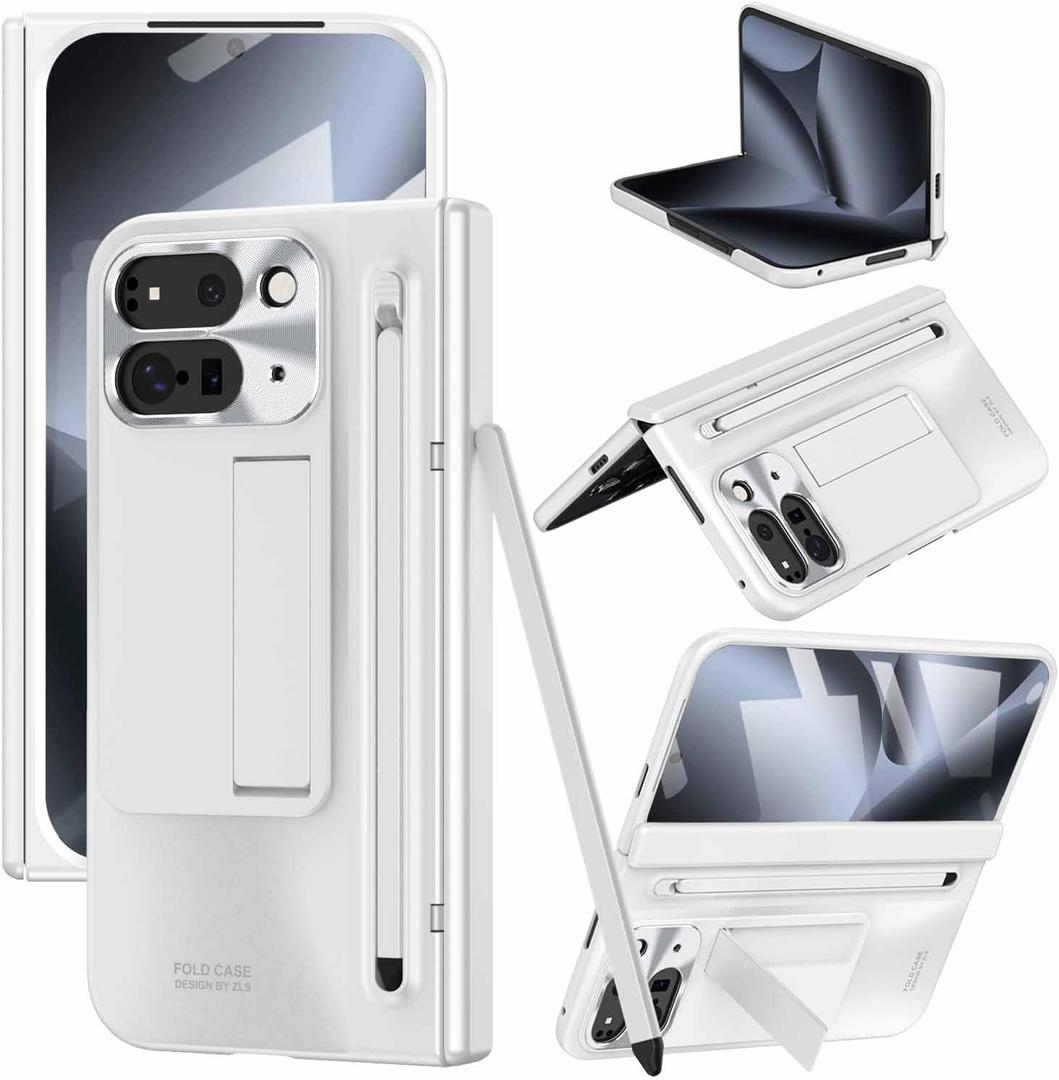 for Google Pixel 10 Pro Fold Case with Pen Holder & Stylus, All-Inclusive Phone Case with Hinge Protector, Screen Protector, Kickstand, Slim PC Protective Cover for Google Pixel 10 Pro White