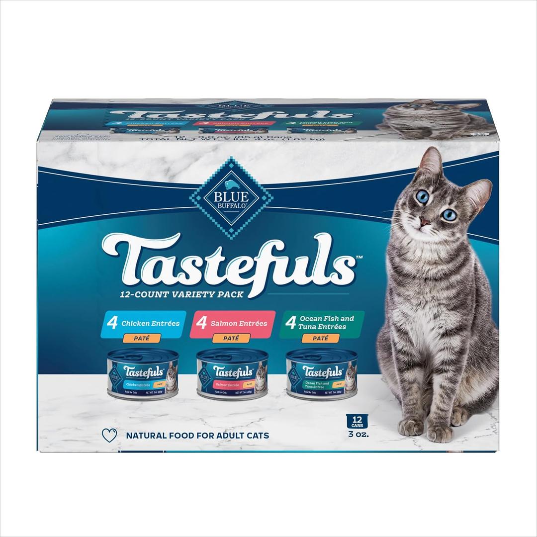 Blue Buffalo Tastefuls Natural Pate Wet Cat Food Variety Pack, Salmon, Chicken, Ocean Fish & Tuna Entres 3-oz Cans (12 Count - 4 of Each Flavor) (EXP 01/09/26)