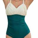 Women V Neck Tummy Control Ruched One Piece Swimsuit | Color Block Design, Adjustable Straps, Removable Padded Cups, Quick-Dry Stretch Fabric, Modest Coverage, for Beach, Pool (S)