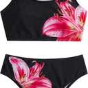 RoseSeek Girl's 2 Piece Striped Bowknot Swimsuit Set Wireless Cute Bathing Suit Summer Beachwear Bikini Sets (10 Years, Floral Black)