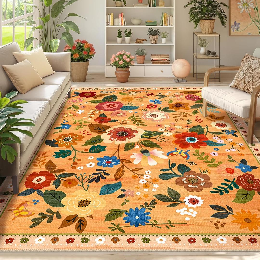 RELEANY Floral Nursery 6x9 Area Rugs Machine Washable Soft Print Boho Carpet Non Slip Flower Doormat Low Pile for Living Room Kids Girls Room Bedroom Kitchen Dining Room Indoor-Yellow/Orange