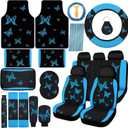 BBTO 47 Pcs Butterfly Car Seat Full Set Butterfly Car Accessories for Women 5 Front Rear Seat Covers Wrist Strap 2 Pieces Cup Mat Armrest Pad 2 Belt Cover Accessories for SUV(Lake Blue)