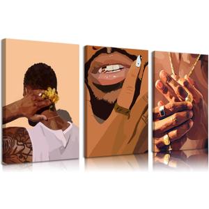 3pcs African American Canvas Wall Art Black Man Trend Wall Decor Pictures Fashion African Posters Prints for Bedroom Living Room Bathroom Office Home Decoration Prepare To Hang