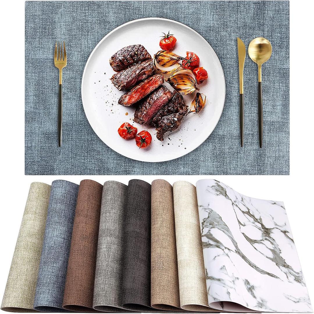 Leather Heat Resistant Placemats Set of 6 Waterproof Wipeable Washable PU Table Mats,Easy to Clean Anti-Slip Place Mats (Blue, 6)