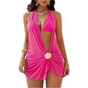 WDIRARA Women's 3 Piece Swimsuits Halter Triangle String Bikini Set with Beach Dress (Pink, XL)