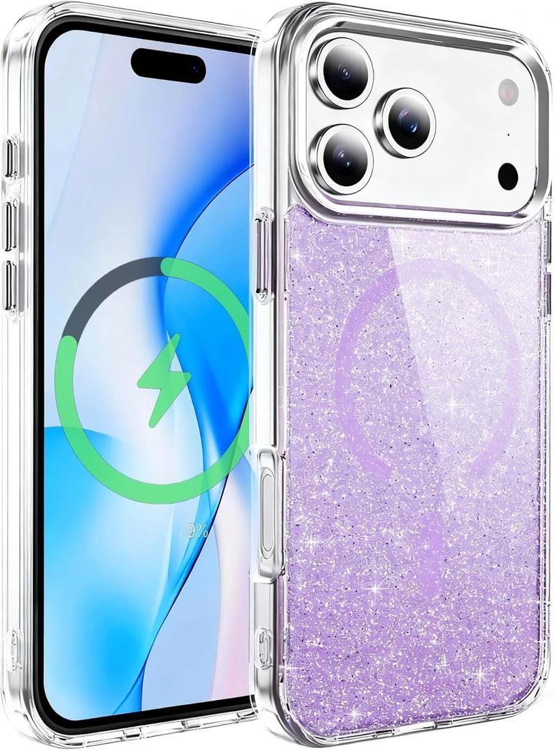 BAISRKE Cute Sparkling Glitter Case for iPhone 17 Pro Max[6.9"] Slim Magnetic Phone Case [Compatible with Mag-Safe ] Hard Back & Soft TPU Bumper Shockproof Protective Cover for Women[Purple Glitter]