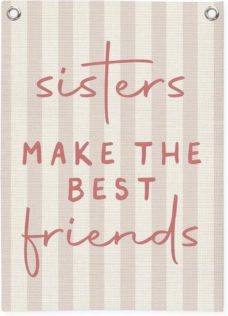 Dilemat Sisters Make the Best Friends Canvas Banner Wall Hanging,Girls Room Decor,Preppy Pink Striped Wall Decor Hanging Banner Flag for Girls Toddler Nursery Room Bedroom Playroom 18X25 Inch