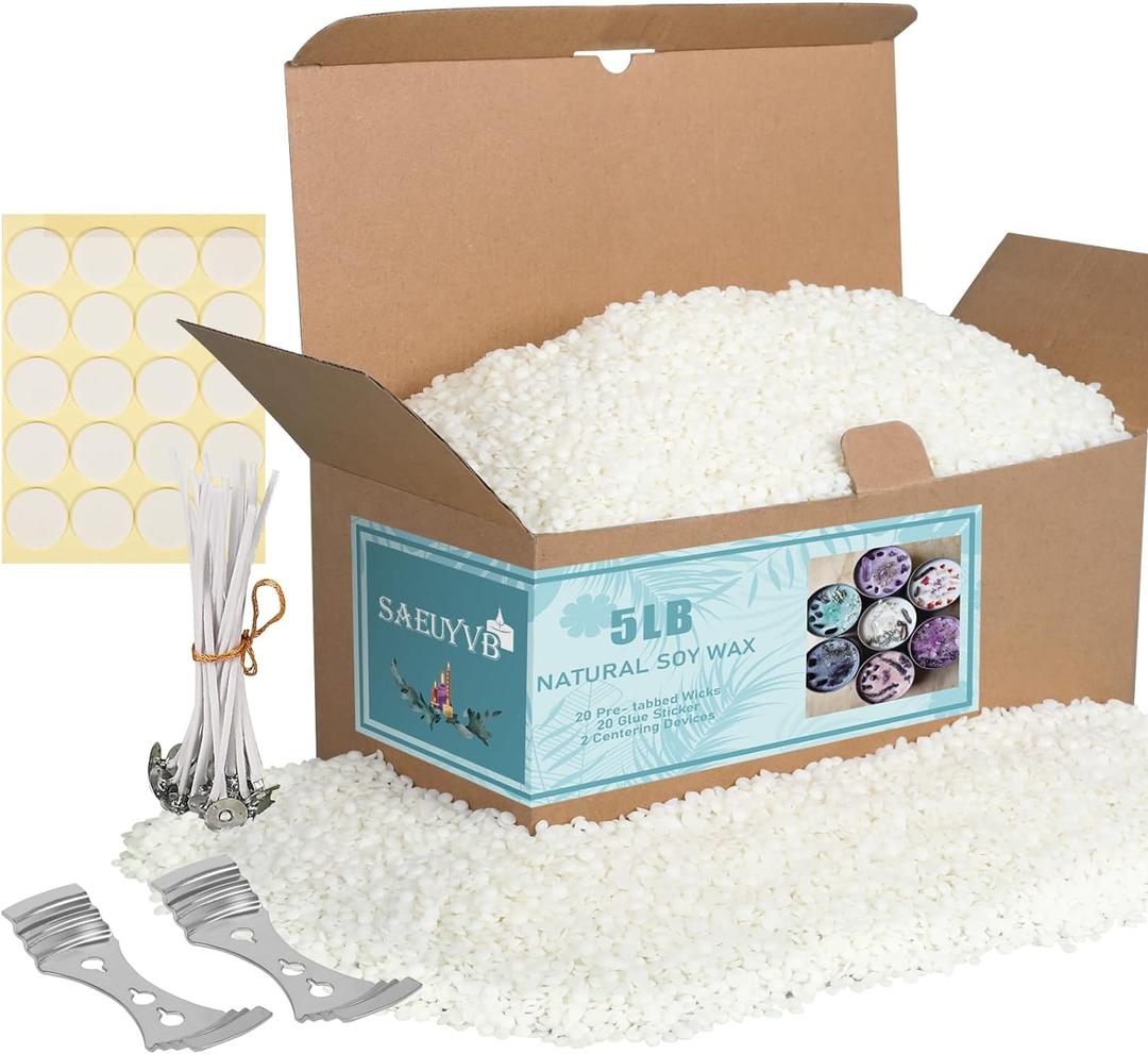 SAEUYVB Soy Wax for Candle MakingNatural Candle Wax for Candle Making, Premium Granulated Soy Wax - Paraffin-Free,Beeswax-Free,20 Cotton Candle Wicks,20 Wick Stickers&2 Centering Devices(5 lbs) (Granules)