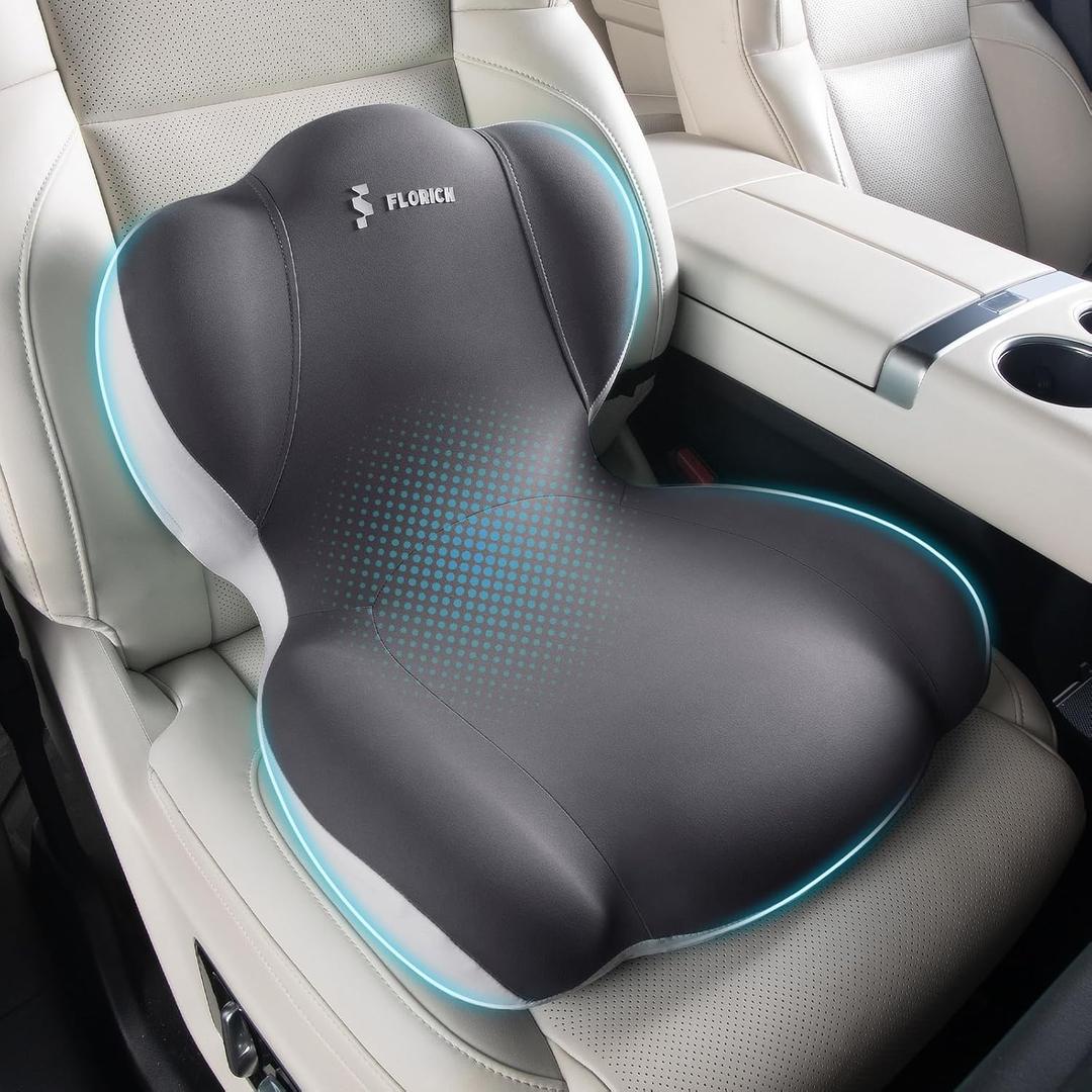 FLORICH Memory Foam Truck Seat Cushion, Car Seat Cushion and Lumbar Support Pillow for Office Chair, Ergonomic Back Support & Sciatica Relief for Long Drives (Grey)