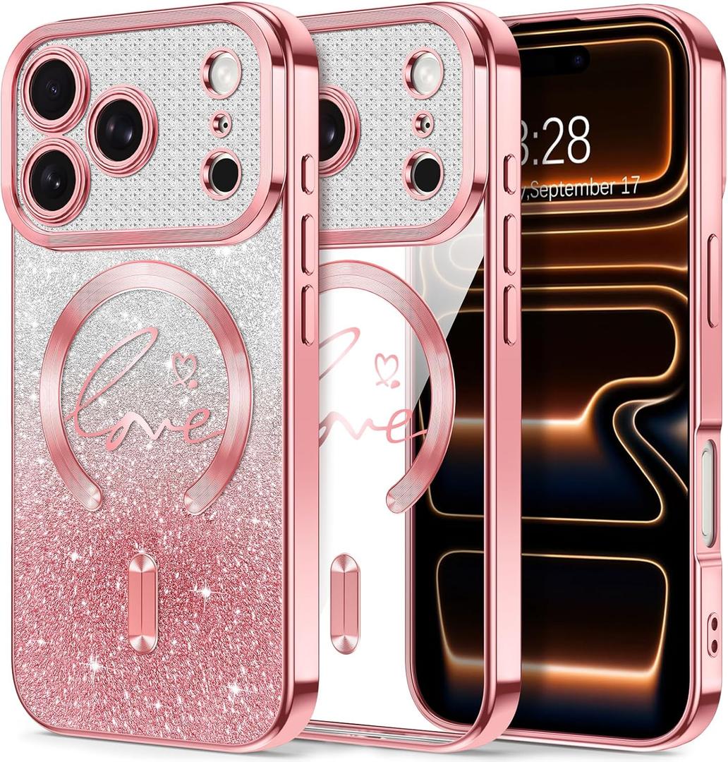Hython for iPhone 17 Pro Case Glitter, Compatible with MagSafe Love Heart Magnetic Clear Phone Cases for Women Girls, Full Camera Protection Sparkle Plating Shockproof Protective Cover, Pink