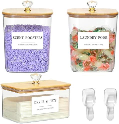 Dounozzi 3 Pack Plastic Laundry Pods Container & Dryer Sheet Holder with Lids, Labels & Scoops - Laundry Powder Container for Laundry Room Organization and Storage