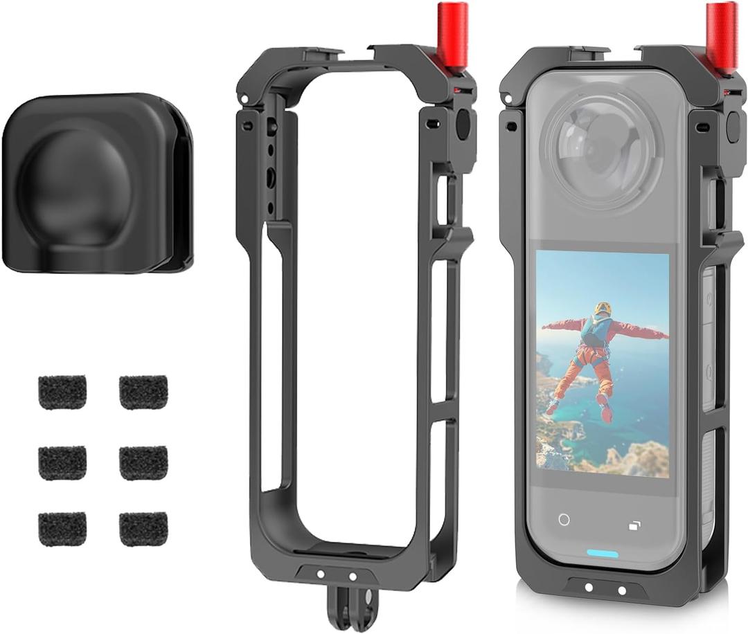 Metal Protective Cage for Insta360 X5, Aluminum Alloy Utility Frame with Silicone Lens Cover & 1/4" Thread Folding Fingers & Cold Shoe Mounts for Microphone/LED Light for Insta 360 Accessories