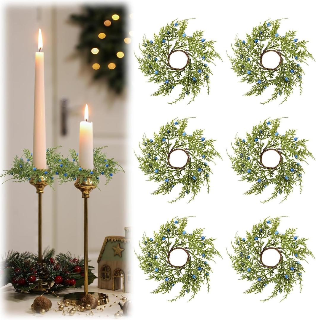 Giegxin 6 Pcs Christmas Taper Candle Rings Wreath with Blue Berry 2" Inner Diameter Mini Artificial Juniper Candle Ring Holder for Christmas Wedding Winter Home Table Centerpiece Xmas Holiday Decor