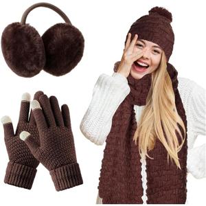 JenPen 4 Pcs Winter Hat Scarf and Gloves Set for Women Include Ear Cover Cold Weather Scarf Hat Knit Beanie Gloves (Dark Brown)
