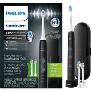Philips Sonicare ProtectiveClean 5300 Rechargeable Electric Toothbrush, with Pressure Sensor, 3 Cleaning Modes, SmarTimer and QuadPacer, with 1 Bonus Brush Heads, Travel Case, Black, Model HX6423/34