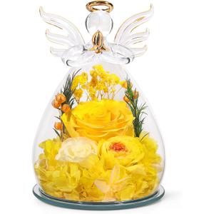 Gifts for Women Preserved Rose Forever Flower in Glass Angel Figurines Fresh Flowers for Delivery Prime Mothers Day Birthday Gifts for Mom Real Yellow Roses for Grandma Sister Wife Her from Daughter (Yellow (Rose, Austin, Baby's Breath, Hydrangea)