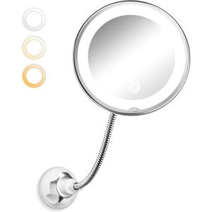 Brightown 10x Magnifying Mirror with Light,Flexible Gooseneck Make up Mirror with Lights and Magnification, Battery Operated with Suction Cups for Wall Bathroom Silver 3 Lighting