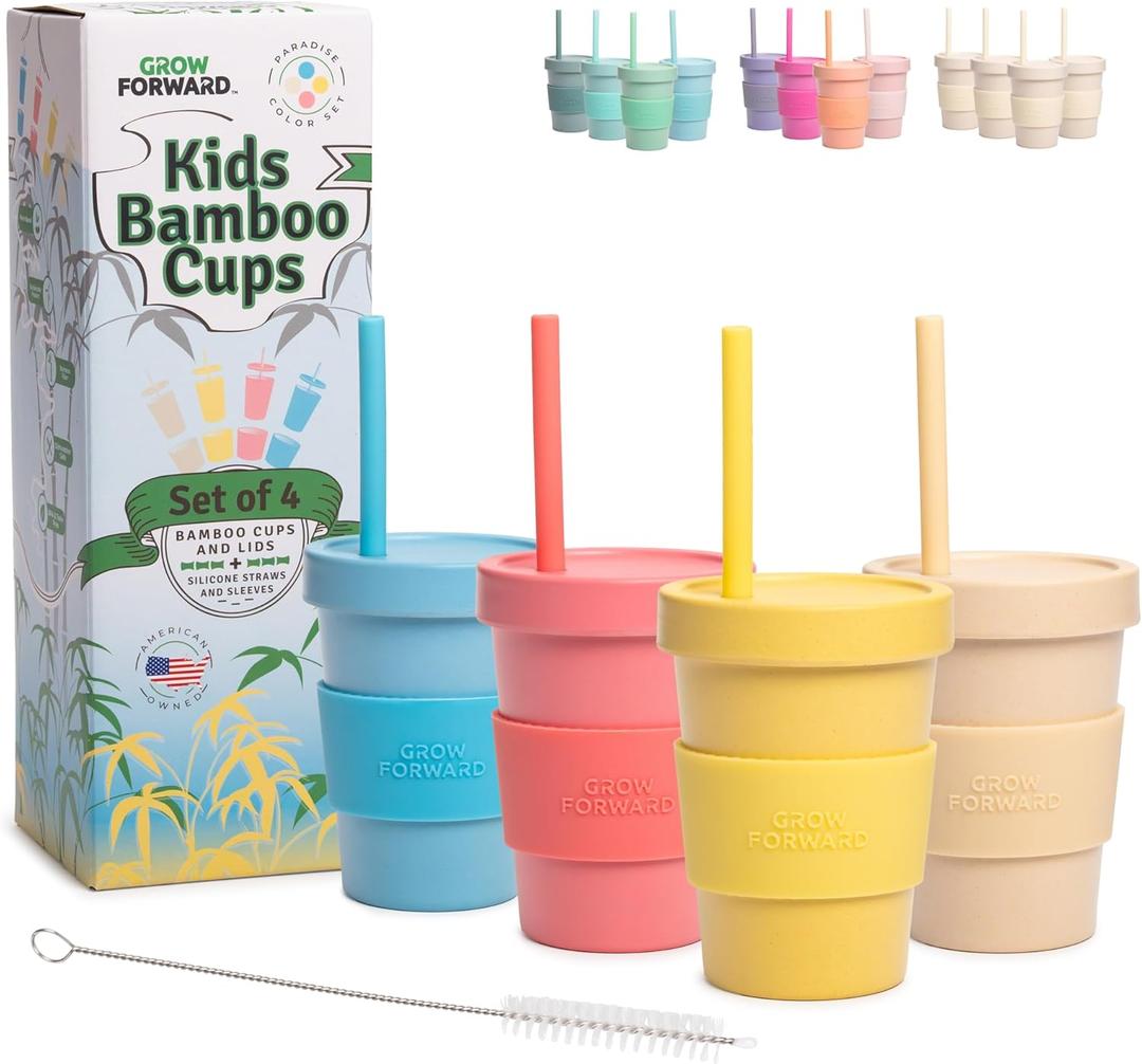 Grow Forward Bamboo Kids Cups with Lids and Straws - 10oz Drinking Cups for Kids with Childproof Twist Lids & Silicone Straws - Eco Friendly, BPA Free, Non Toxic & Dishwasher Safe - Paradise