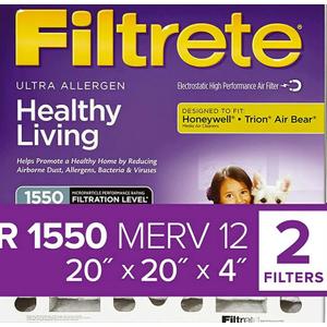 Filtrete 20x20x4 AC Furnace Air Filter, MPR 1550 MERV 12, Healthy Living Ultra Allergen Deep Pleat, Fits Lennox & Honeywell Devices Exact Dimensions 19.88 x 19.88 x 4.31