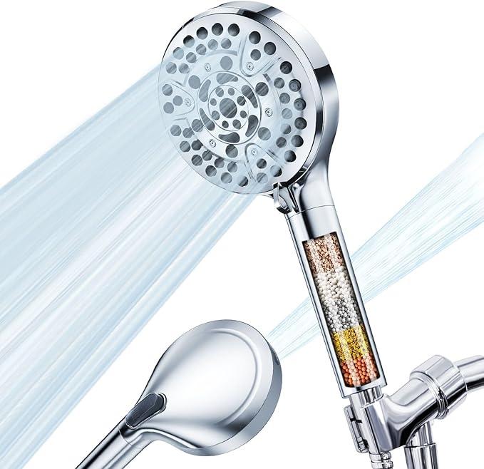 Handheld Shower Head with Filter, High Pressure 10 Spray Modes and Power Wash Mode for Cleaning, 3 Replaceable Filter Reduce Chlorine Soften Hard Water, Shower Head with Hose,Holder (Gold) (Chrome)