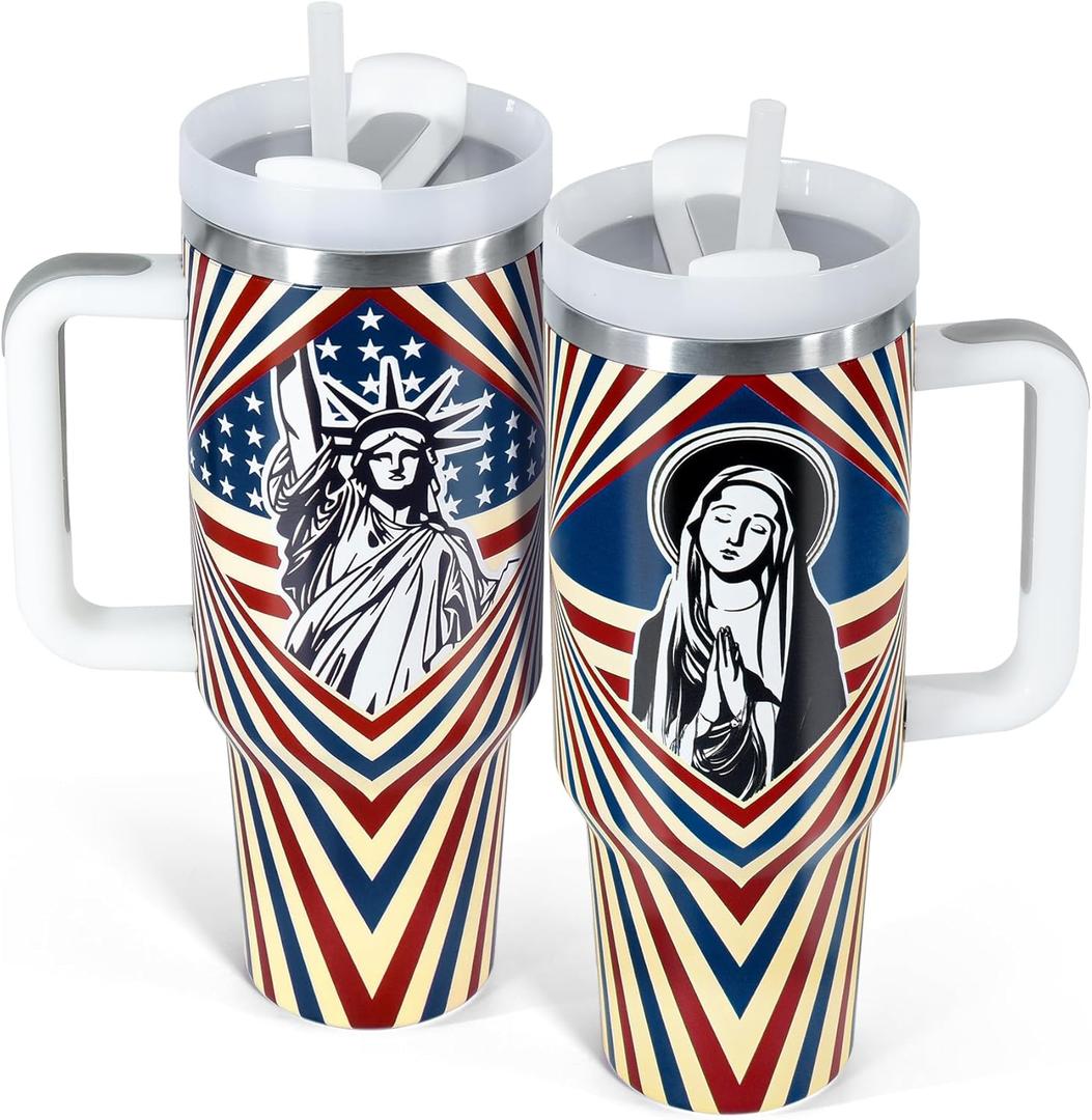 Birthday Gifts for Women - 40oz Tumbler with American Flag 1 Pack, Virgin Mary and Statue of Liberty, Insulated Steel USA Coffee Mug with Handle & Lid for 4th of July