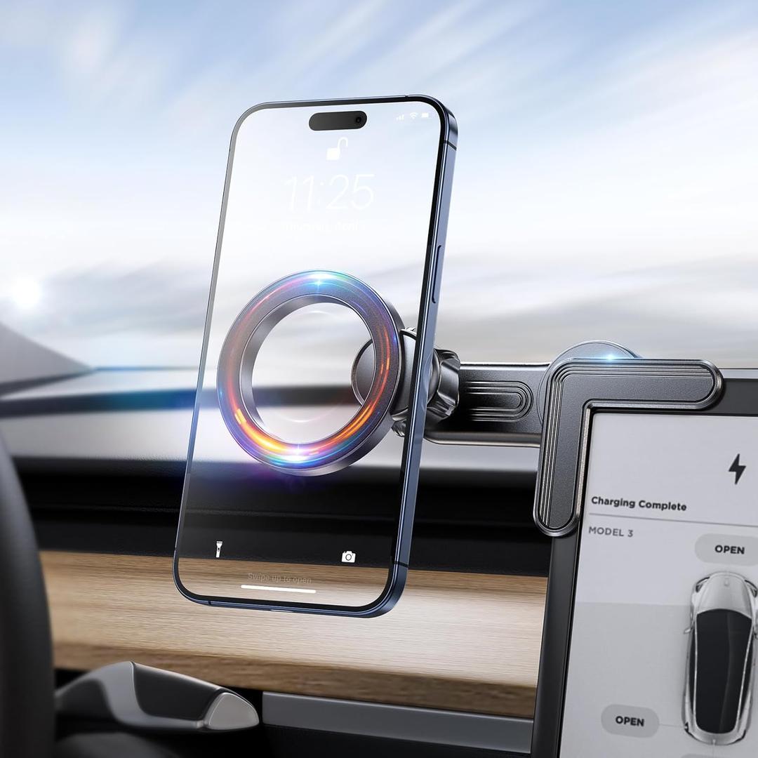 Tesla Phone Mount, [Strong Magnets & Super Stable ] Tesla Phone Holder Model 3/Y Accessories for Tesla Screen, for Magsafe Car Mount Can Be Adjusted 360 fits iPhone 15 14 13 12 Pro Max (TeslaMOUNT 2)