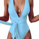 Lilosy Sexy Tie Criss Cross Plunge One Piece Thong Swimsuit High Cut Brazilian Bathing Suit (S, Light Blue)