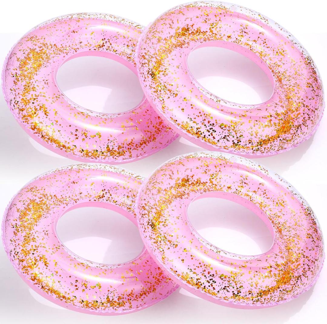 ShinyRelief 4 Pcs Inflatable Glitter Pool Float 30'' Macaron Swim Tube with Gold Confetti Swim Inner Tube for Adults Pool Floats Rings for Summer Beach Swimming Pool Bachelorette Party (Light Purple)