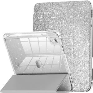 INFILAND Compatible with iPad A16 11th Generation 11 Inch 2025 Case, iPad Case 10th Generation 10.9 Inch, Glitter Cover with Sparkly Clear Back, Pencil Holder, for Kids Girls, Silver (Sliver)