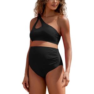 DEBELLY Maternity Swimsuit Cutout One Shoulder Bikini Set 2 Piece Bathing Suits with Adjustable Tie and High Waist Bottom (Black, L)