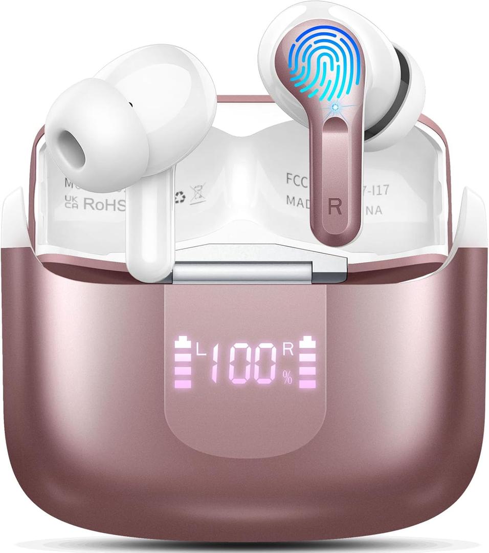 Wireless Earbuds, Bluetooth 5.3 Headphones 2025 NEW Ear Buds 40H Bass Stereo in-Ear Earphones ENC Noise Cancelling Earbuds with 4 HD Mic, USB-C LED Display IP7 Waterproof Sport Headset for Android iOS (Rosegold)
