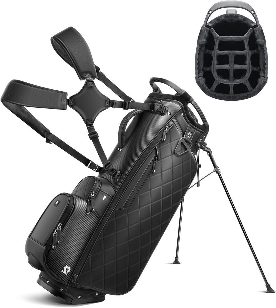 14 Way Golf Stand Bag, Full Length Dividers PU Leather Golf Bag with Plush Top for Men/Women, Waterproof & Versatile Storage Golf Bag with Cooler, Rain Cover and Removable Straps