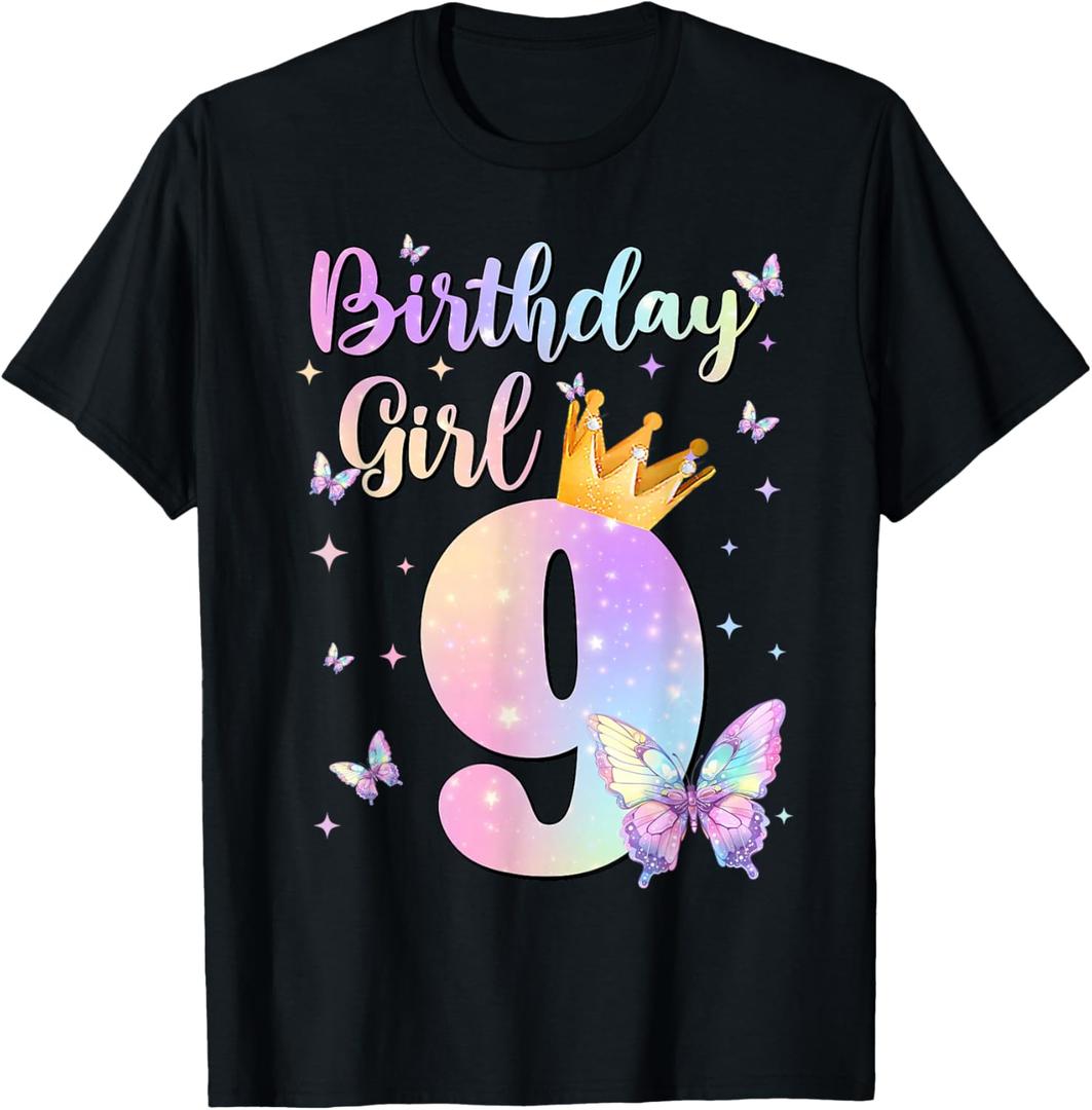 Birthday Girl 9 Year Old Butterfly Theme Party 9th Bday Kids T-Shirt (Black, M)