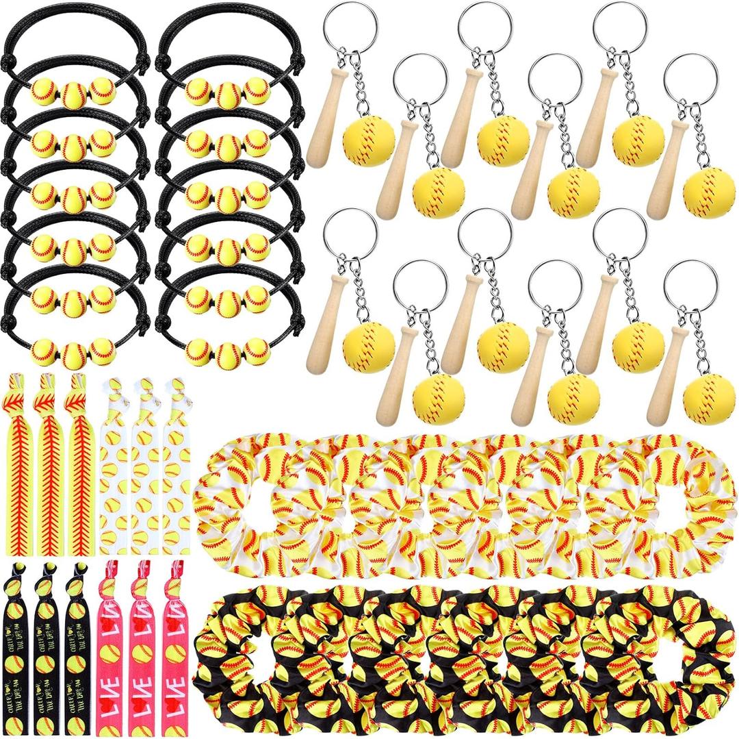 Jexine 48 Pcs Softball Party Favors Set Including 12 Keychains 12 Hair Ties 12 Hair Scrunchies and 12 Charm Bracelets Softball Gifts for Women Team Sports Birthday Party Supplies Decoration