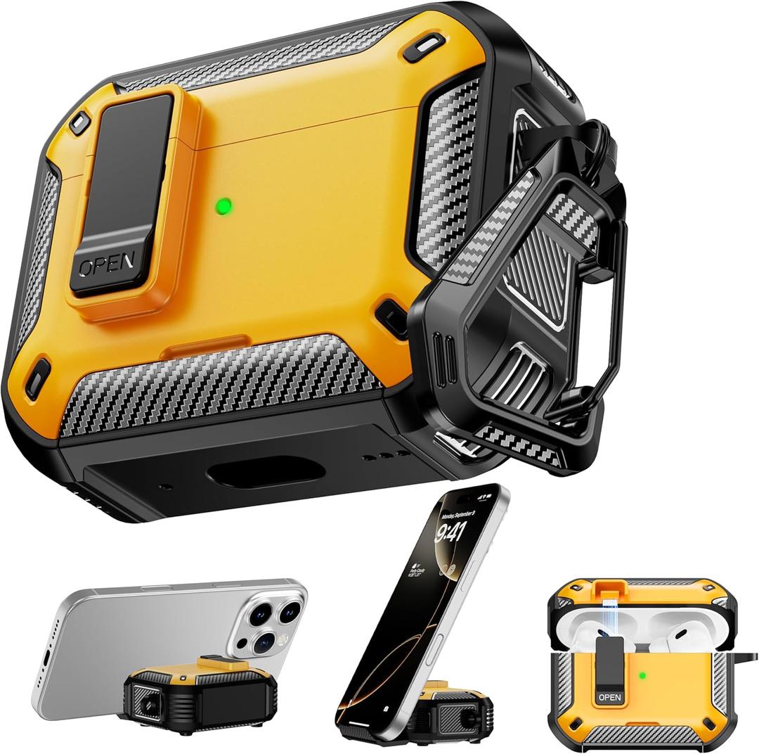 RFUNGUANGO Compatible with Airpods Pro Case 2nd / 1st Generation Protective Case, Compatible with MagSafe, with Cleaning Kit & Keychain,Phone Stand,Magnetic Automatic Lock, Visible LED, Yellow