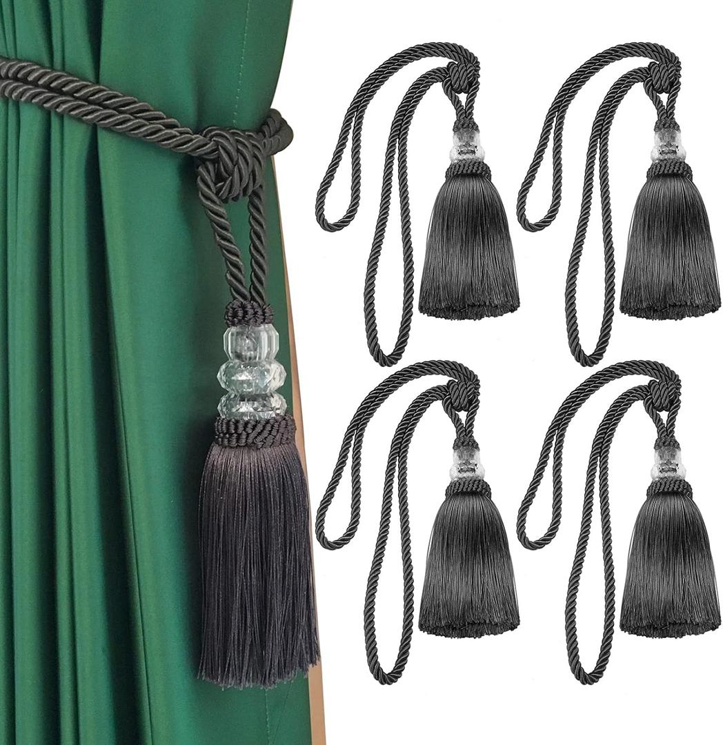 Fenghuangwu Tassel Curtain Tiebacks Handmade Curtain Tie Backs, Elegant Crystal Curtain Holdbacks for Home Office Decor (Charcoal, 4P)
