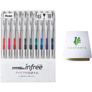 ENERGEL Pentel Infree Gel Ink Ballpoint Pen 0.5mm, Needle Tip 10 colors set with Sticky Notes
