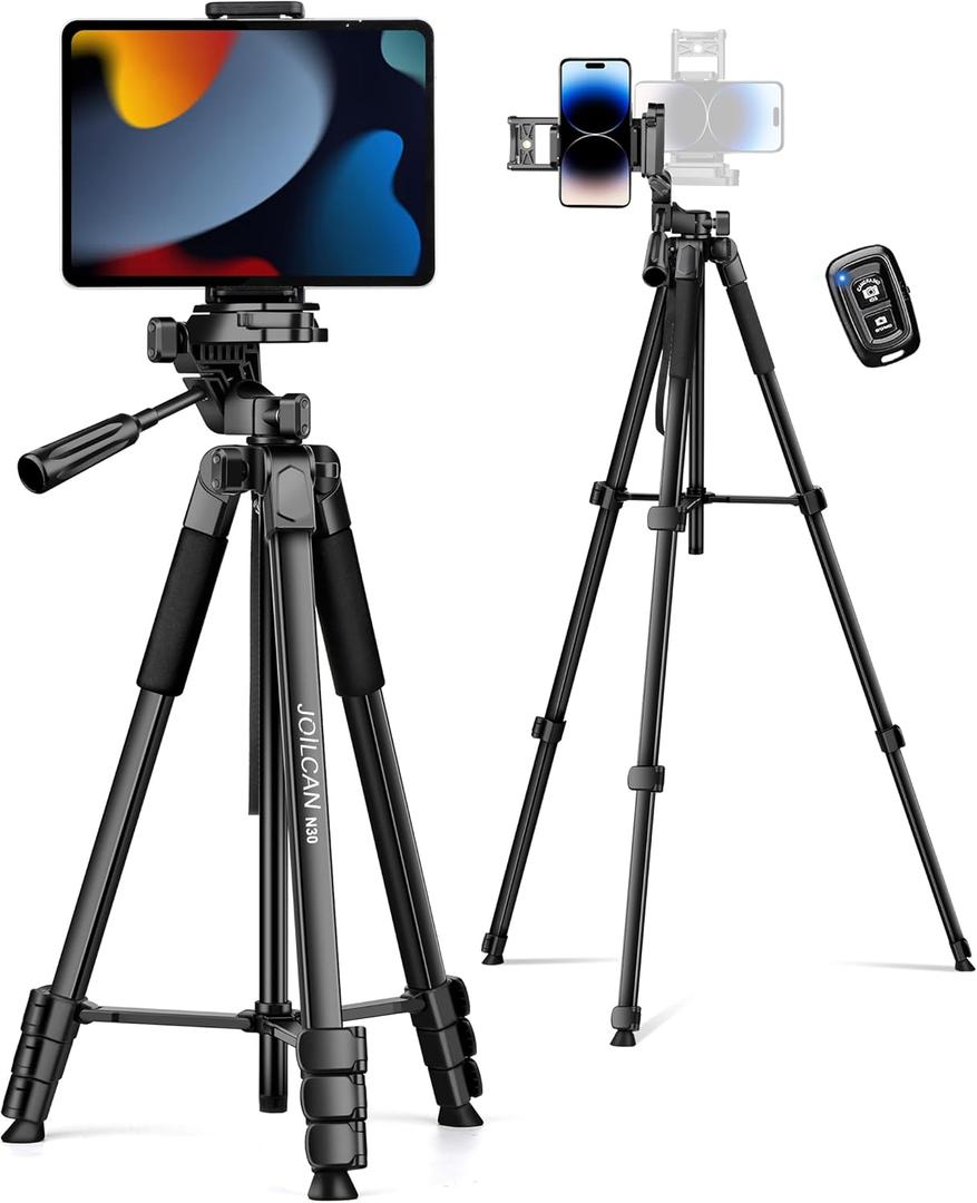 JOILCAN Phone Tripod, 67" Camera Tripod Stand for iPhone iPad, Professional Aluminum Travel Tripods with Wireless Remote and Carry Bag for Cellphone Photo Video Recording Vlog (Black-Tablet)