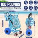 DoubleFill Foldable Beach Cart with 12 Inch Balloon Wheels for Sand, 100 lb Capacity Beach Wagon with Aluminum Frame, Removable Tote, Folding Sand Cart for Gear, Fishing, Camping(Blue,Striped)