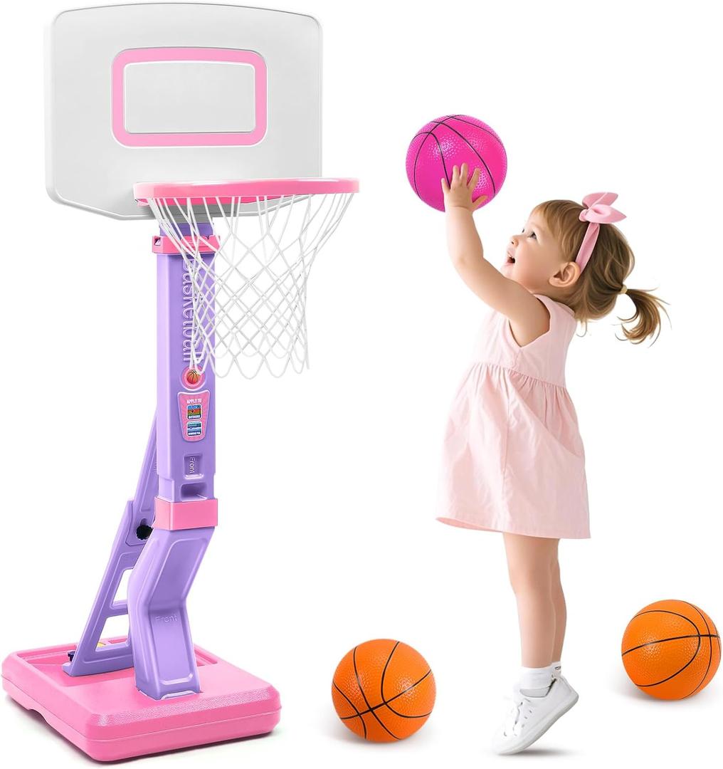 SUPER JOY Toddler Pink Basketball Hoop for Kids 1-3,2-4 5 Years Old, Adjustable Mini Hoop Set for Indoor Outdoor Play, Portable Basketball Goal Balls Sports Toys for Little Boys Girls Birthday Gifts