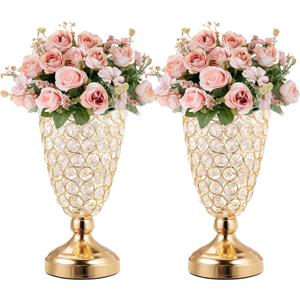 Gold Crystal Trumpet Floral Vase -2 Pcs Centerpieces for Wedding Table, 10.6" Wrought Iron Crystal Vase, Flower Vases for Party Dinner Centerpiece Event, Anniversary Ceremony Birthday Home Decoration