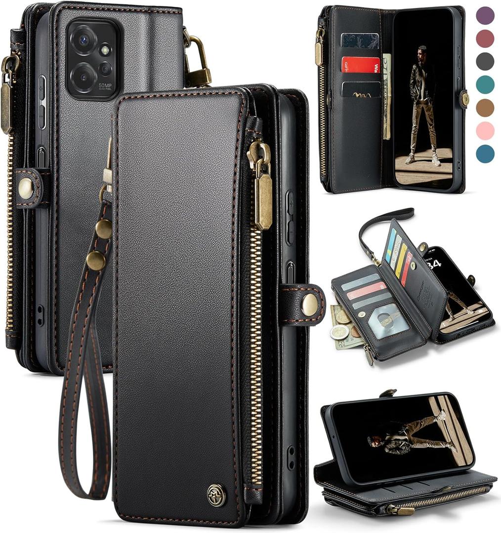 Defencase Wallet Case Compatible with Motorola Moto G Stylus 5G 2023 with RFID Blocking Zipper Card Holder Fashion Soft PU Leather Magnetic Flip Closure Strap Phone Case Wallet for Women Men, Black