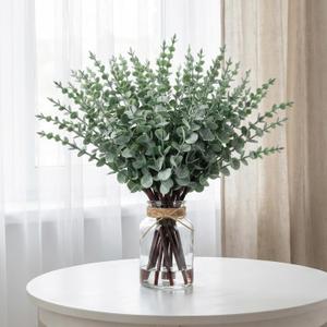 2 Pack Artificial Eucalyptus Stems in Glass Vase 17.5 Inch Fake Eucalyptus Branches with Lifelike Leaves Table Centerpieces for Home Wedding Office Decor