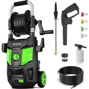 Electric Pressure Washer, 5200 PSI Max 3.4 GPM, High Pressure Cleaning Machine with Foam Cannon, 35 FT Power Cord, 20 FT Hose, 4 Connect Nozzles Hose Reel for Cars/Patio/Garage (Green)