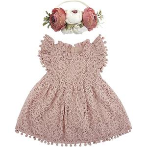 BGFKS Baby Girl Tutu Dress Elegant Lace Pom Pom Flutter Sleeve with Flower Headband Set, 80